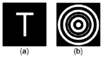 Figura 12. (a) imagen objetivo. (b) mascara de anillos concéntricos correspondiente a la letra T.