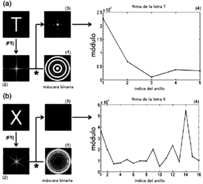 Figura 13. Procedimiento para obtener la firma de la imagen.(a) la firma de la imagen con una letra T arial centrada.(c) firma de una imagen con una letra X arial centrada.